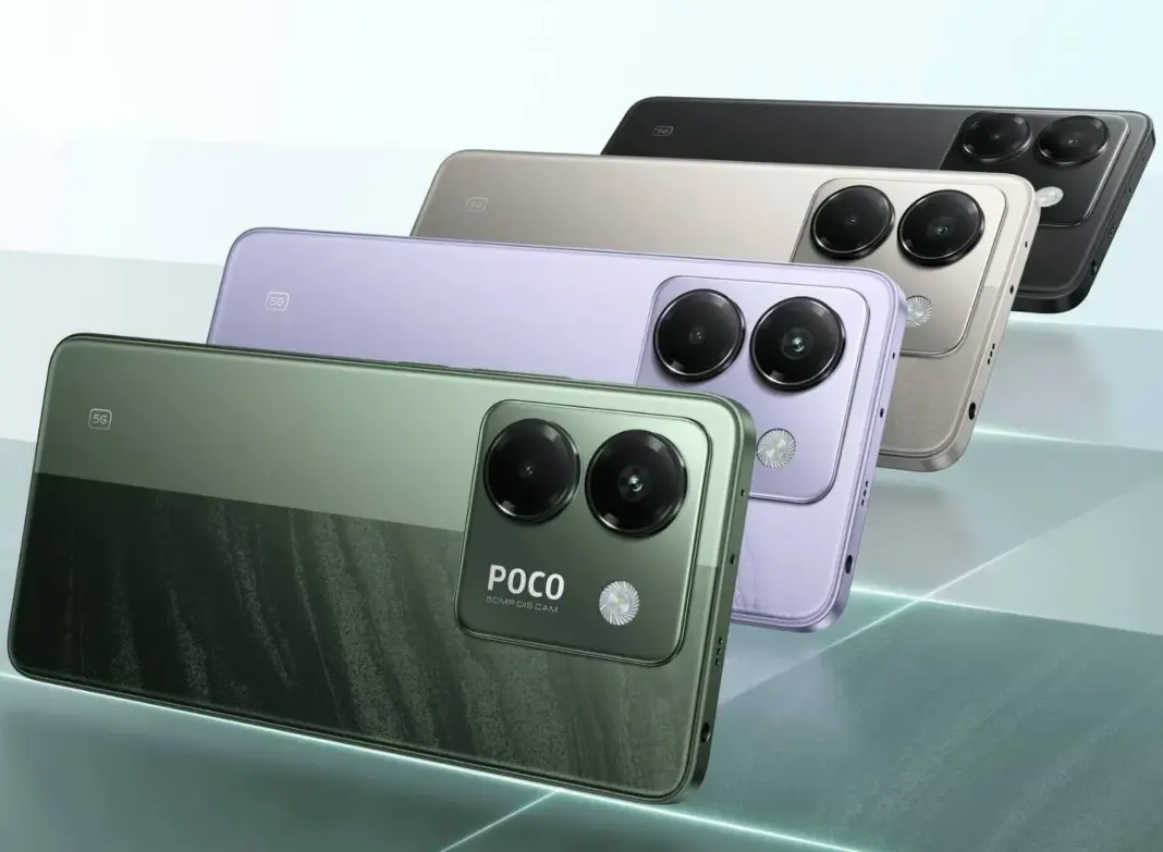 Ilustrasi smartphone POCO M8 Pro 5G dengan latar belakang gradient biru dan oranye, menampilkan logo POCO.