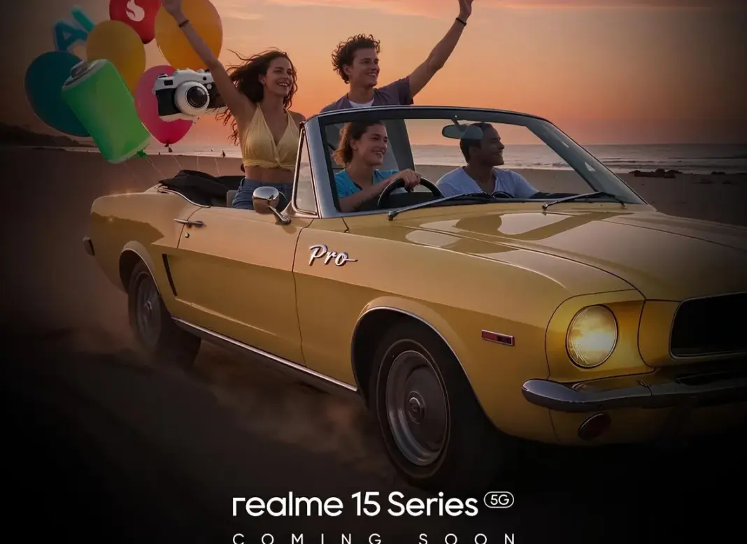 Ilustrasi ponsel realme 15 Series 5G dengan fokus pada fitur kamera AI Night Out Phone