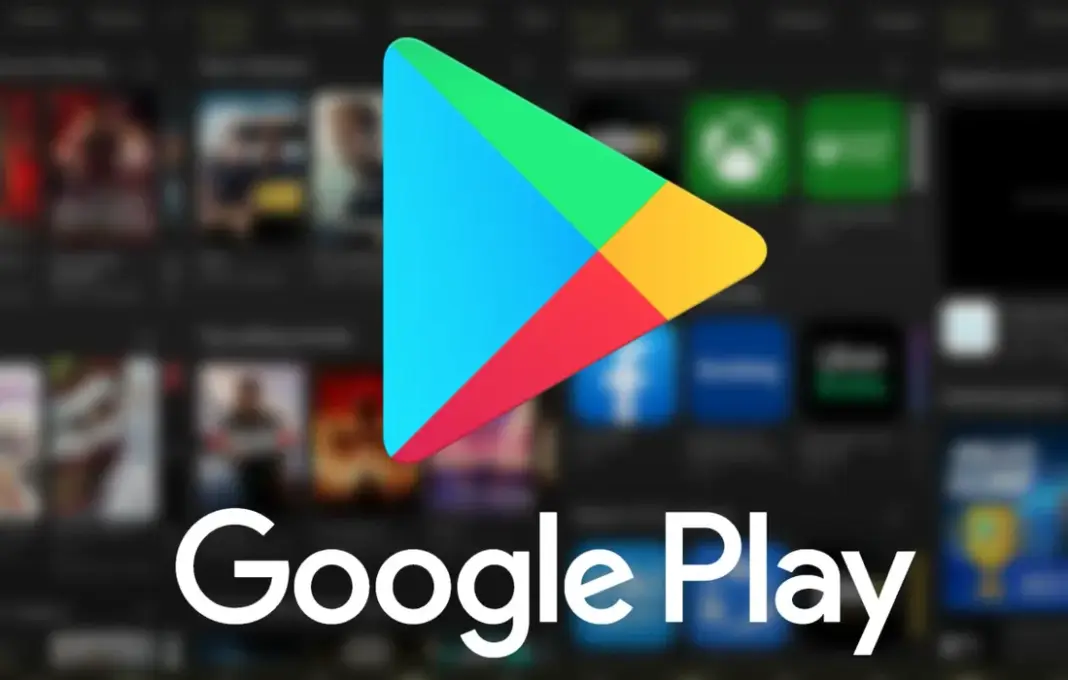 Ilustrasi antarmuka Google Play yang menunjukkan berbagai ikon aplikasi, game, dan konten hiburan