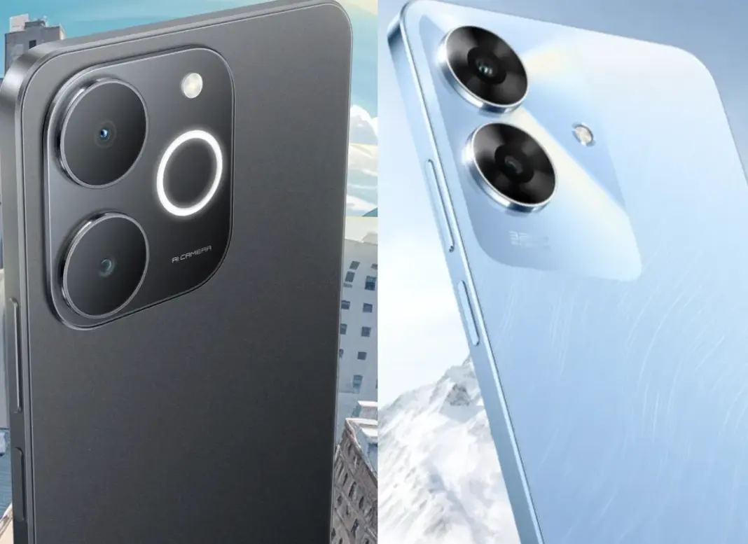Perbandingan visual desain belakang realme Note 70 dan realme Note 60 yang menunjukkan perbedaan modul kamera