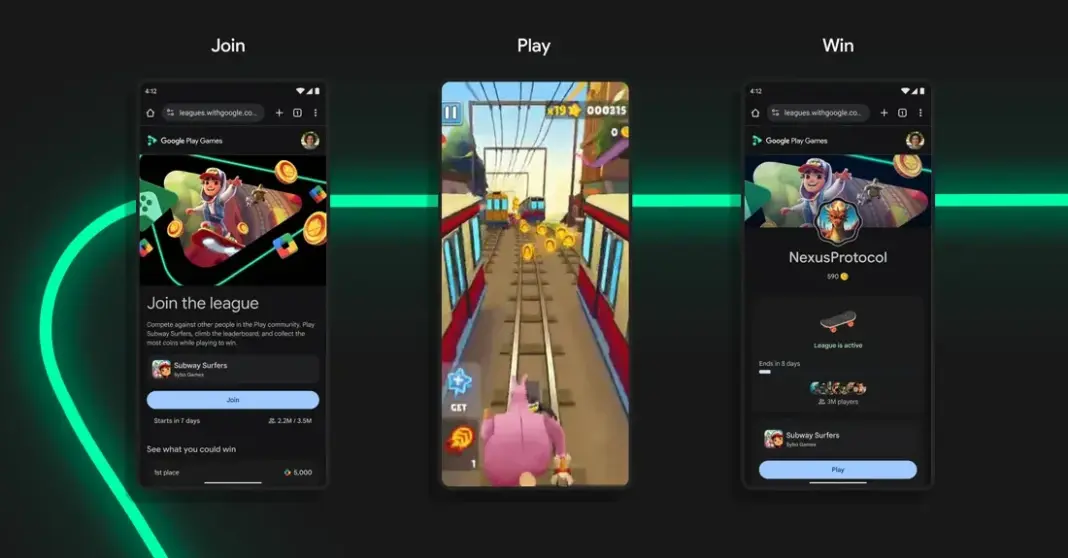 Logo dan antarmuka Google Play Store yang menampilkan berbagai league atau kategori gim