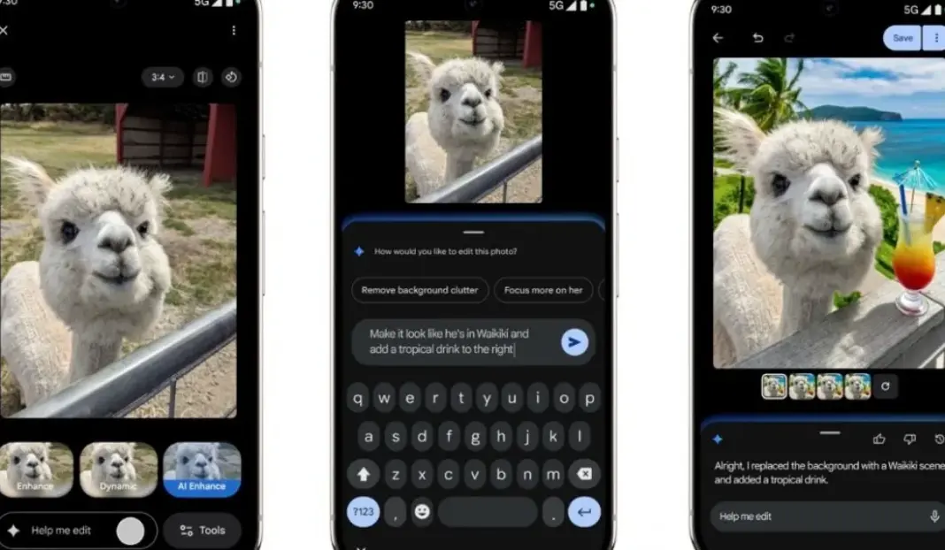 Ilustrasi antarmuka Google Photos dengan tombol 'Help me edit' untuk fitur edit percakapan AI