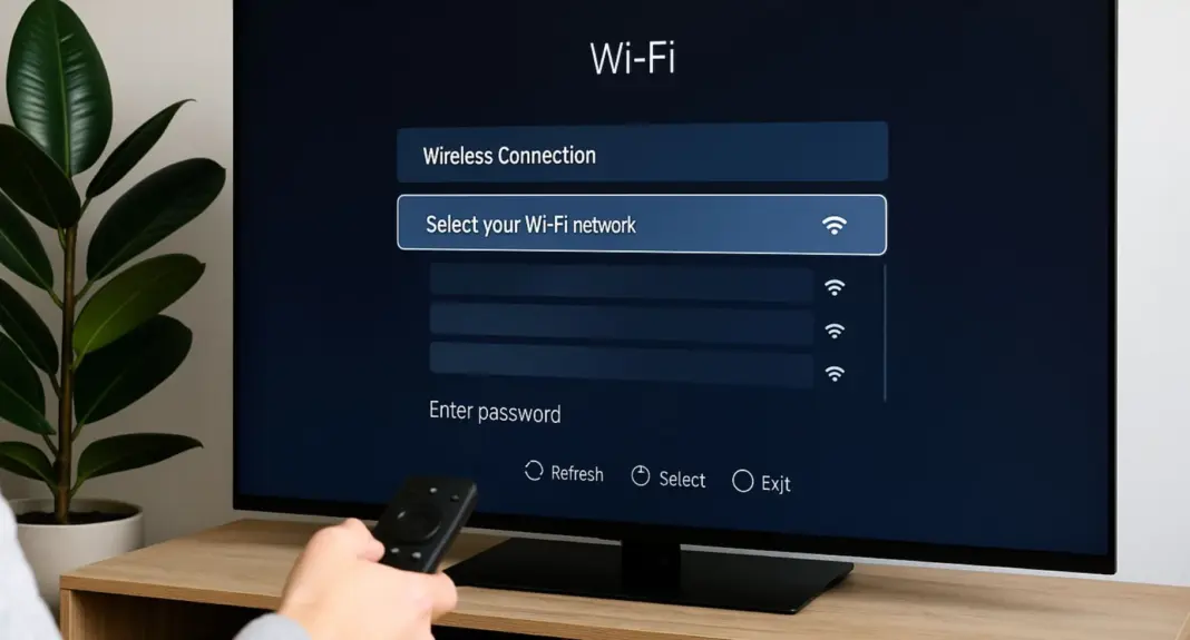 Ilustrasi langkah-langkah cara menyambungkan Smart TV ke jaringan WiFi dengan remote control
