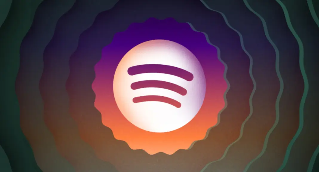 Logo Spotify dengan latar belakang musik digital dan simbol AI
