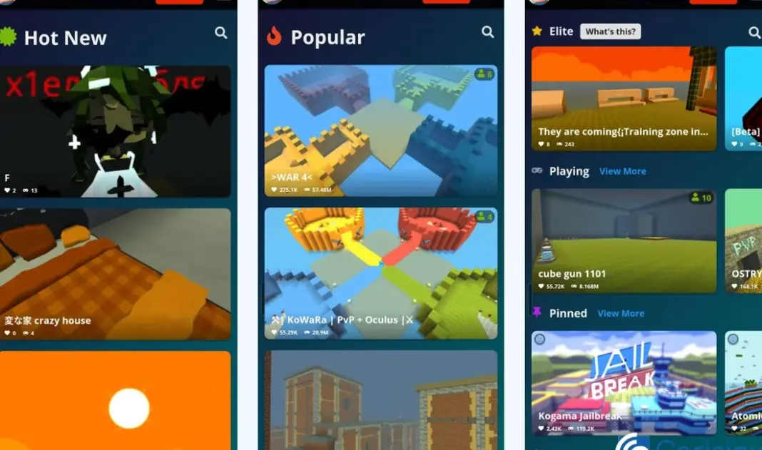 Ilustrasi lima game Android dengan konsep mirip Roblox yang menampilkan beragam genre dan elemen kreatif