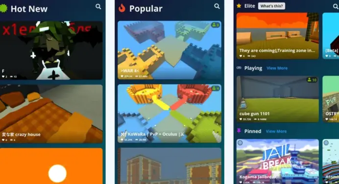 Ilustrasi lima game Android dengan konsep mirip Roblox yang menampilkan beragam genre dan elemen kreatif