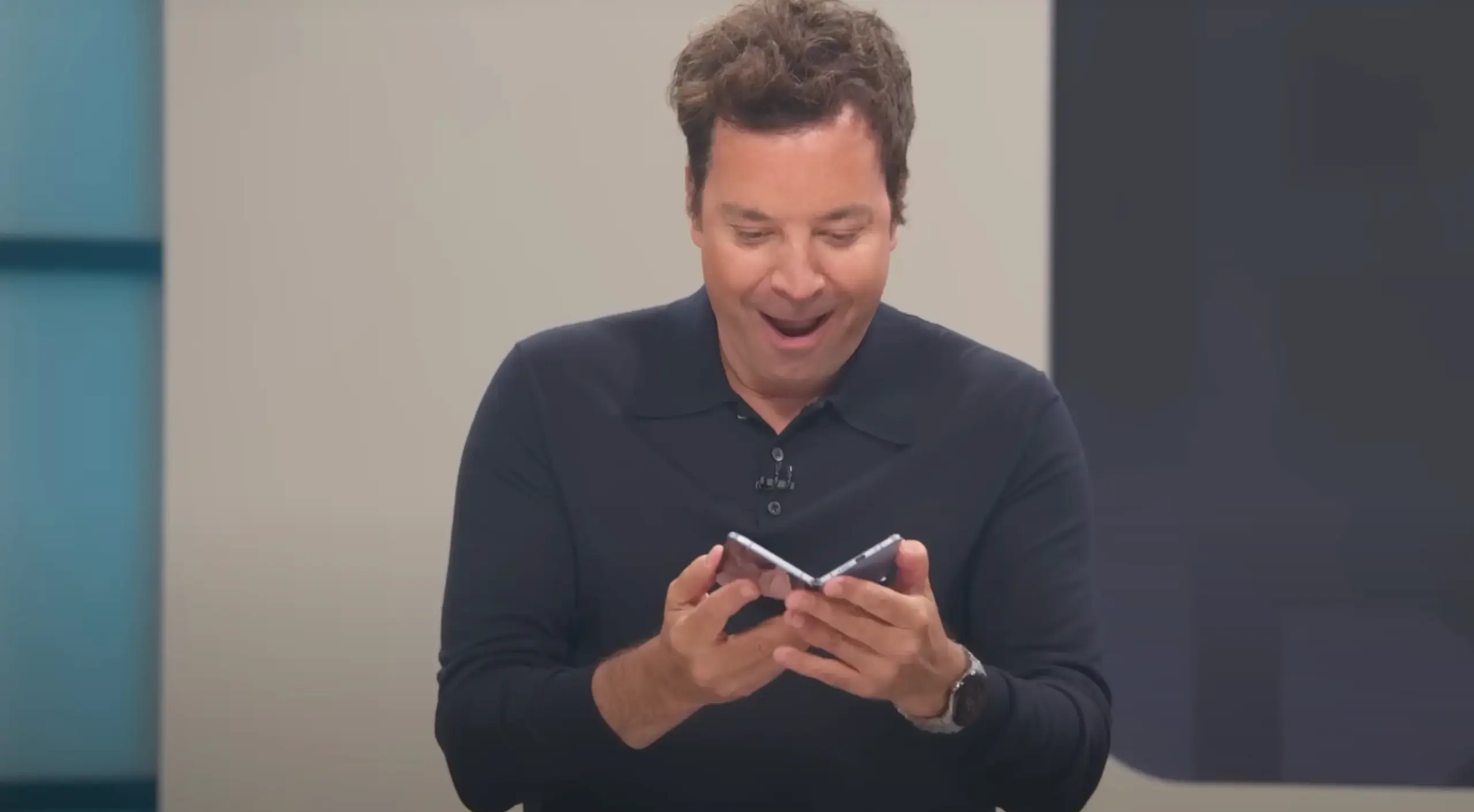 Jimmy Fallon holding the Pixel 10 Pro Fold during the Made by Google event