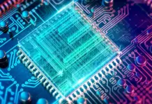 Chip kuantum dengan sirkuit elektronik canggih dan efek cahaya biru teknologi tinggi