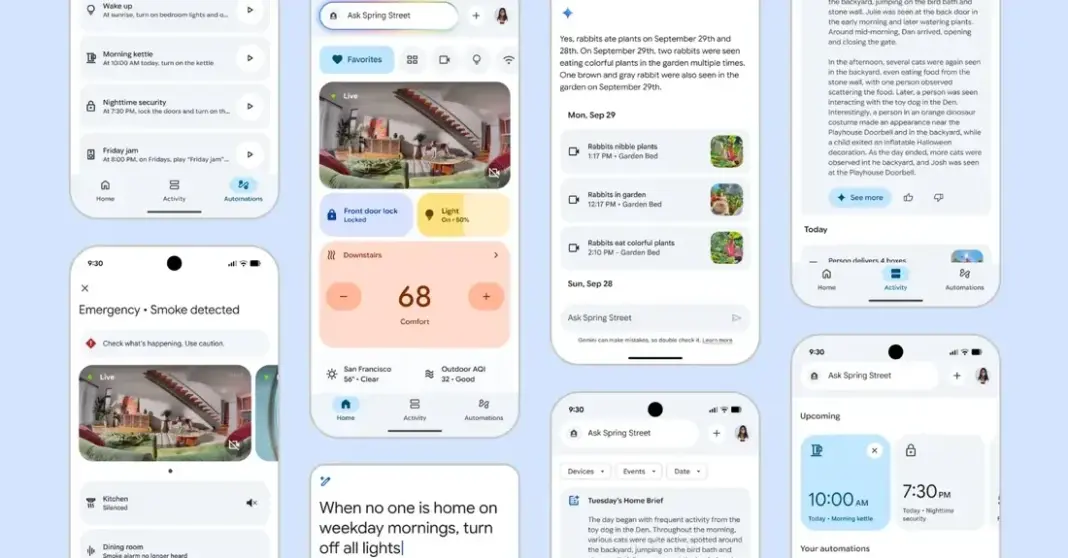 Tampilan baru aplikasi Google Home yang didesain ulang dengan antarmuka tiga tab dan integrasi Gemini AI untuk kontrol smart home yang lebih cerdas