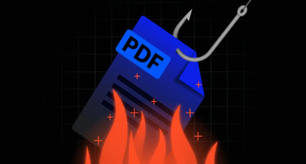 Ilustrasi dokumen PDF dengan simbol peringatan keamanan siber