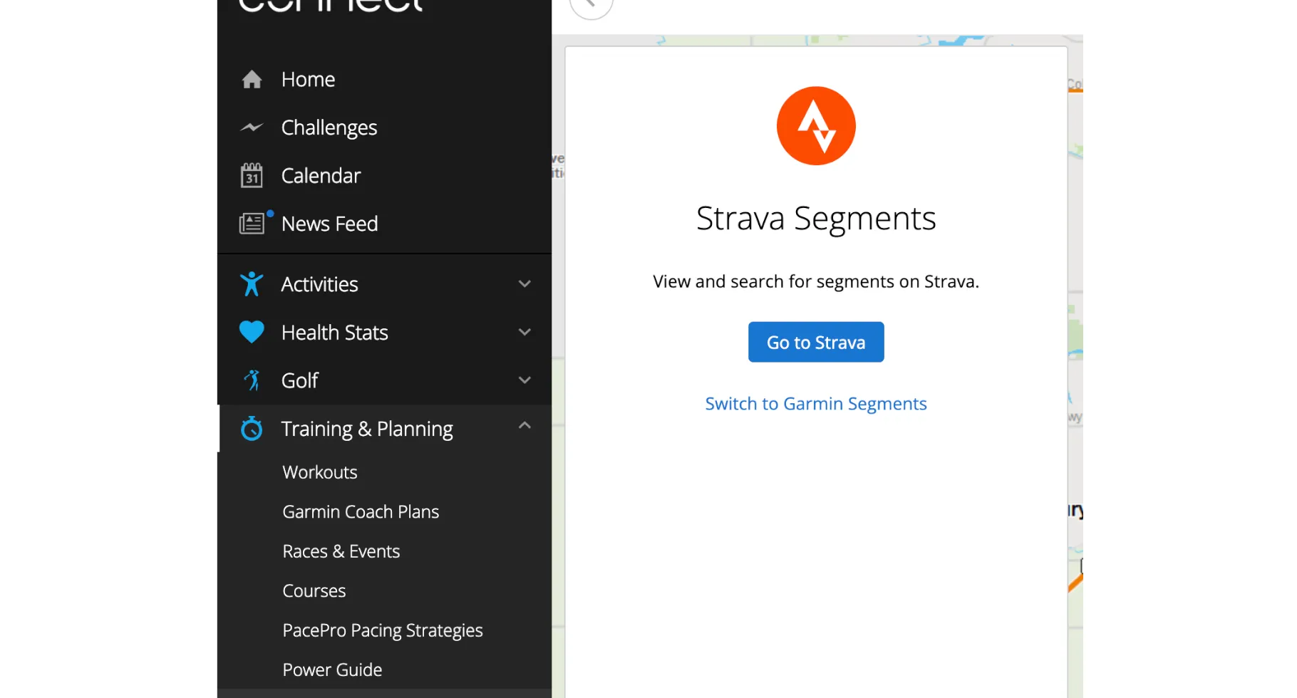 An official screenshot of where to find both Strava Live Segments and Garmin Live Segments setup in the Garmin Connect app.