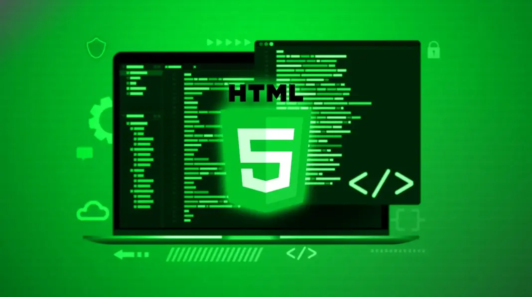 Ilustrasi perkembangan HTML5 dengan elemen semantik dan fitur multimedia untuk web modern