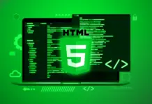 Ilustrasi perkembangan HTML5 dengan elemen semantik dan fitur multimedia untuk web modern