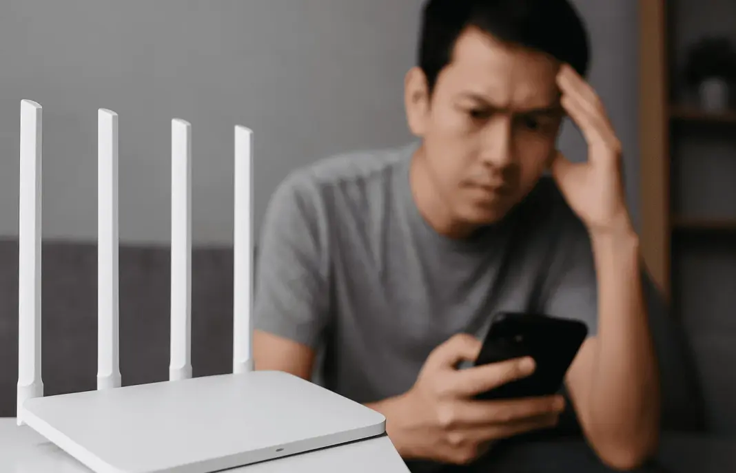 Ilustrasi router WiFi dengan simbol kesehatan dan keamanan menunjukkan fakta ilmiah tentang radiasi non-ionisasi