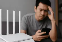 Ilustrasi router WiFi dengan simbol kesehatan dan keamanan menunjukkan fakta ilmiah tentang radiasi non-ionisasi