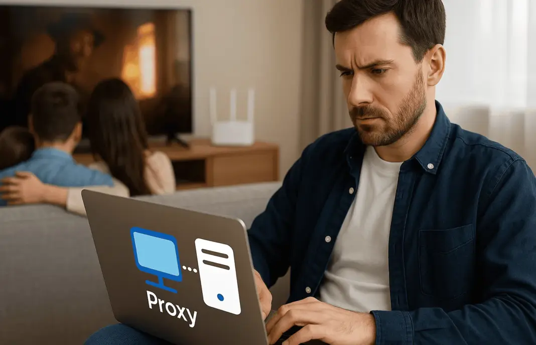 Ilustrasi server proxy sebagai perantara antara perangkat pengguna dan internet rumah