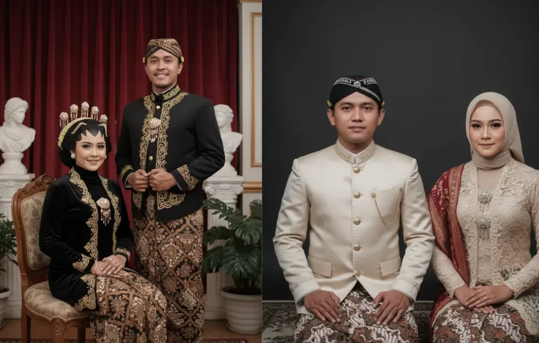 Ilustrasi pasangan pengantin hasil generasi AI Gemini dengan latar studio elegan dan pencahayaan profesional