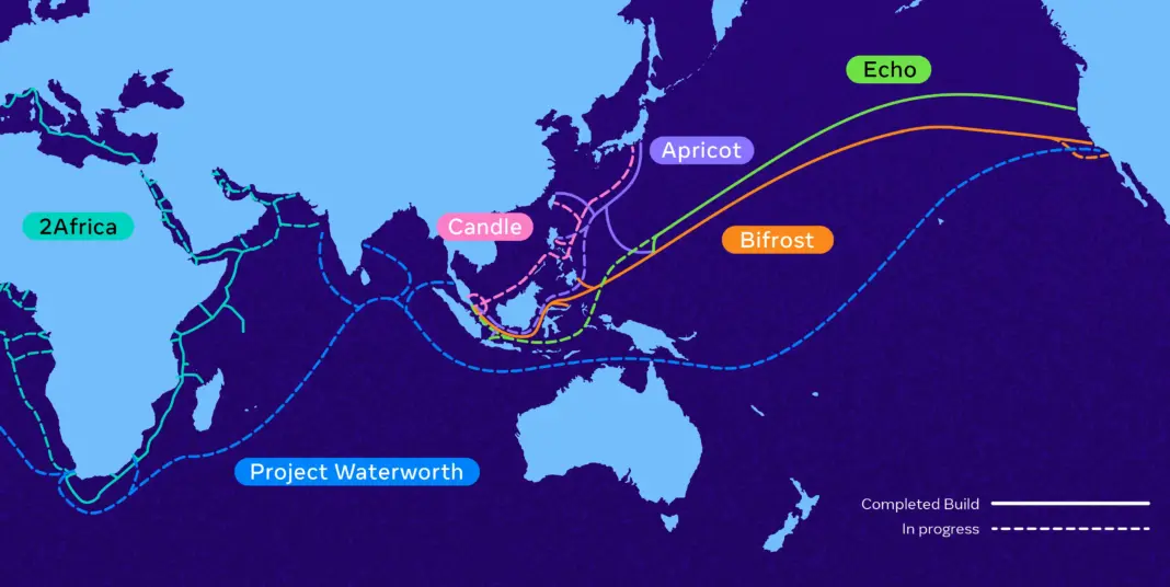 Ilustrasi kabel bawah laut Candle Meta yang menghubungkan negara-negara Asia Pasifik