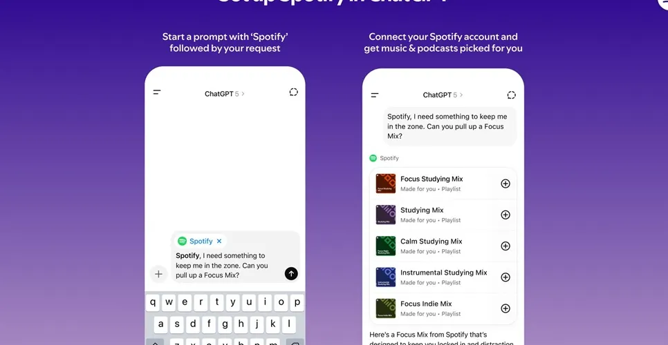 Spotify in ChatGPT lets users link the music platform to the AI app, enabling playlist creation, recommendations, new music ideas, and more.