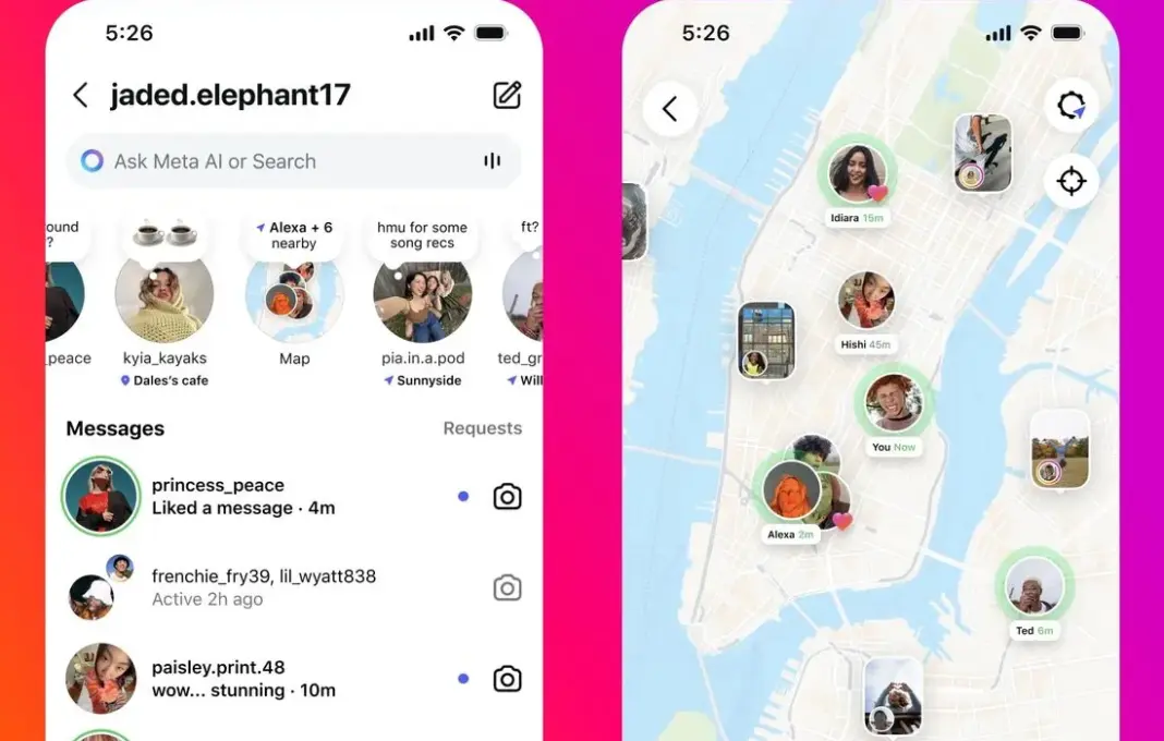 Tampilan antarmuka fitur Instagram Map yang menunjukkan peta dan lokasi pengguna