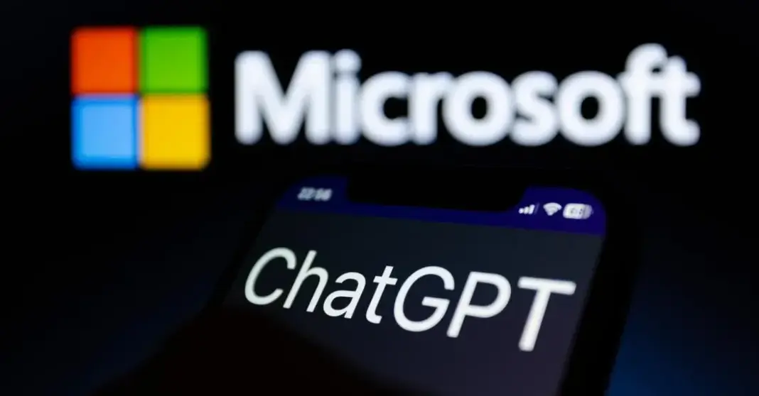 Ilustrasi logo Microsoft dengan latar belakang teknologi AI dan komputasi awan yang merepresentasikan fokus strategis perusahaan.