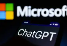 Ilustrasi logo Microsoft dengan latar belakang teknologi AI dan komputasi awan yang merepresentasikan fokus strategis perusahaan.