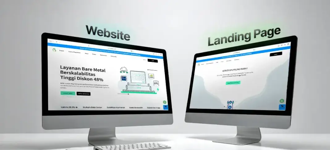 Perbandingan visual antara landing page dan website untuk strategi digital marketing bisnis