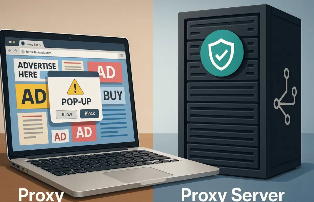 Perbandingan visual proxy server dan proxy site dengan ilustrasi jaringan internet dan keamanan data