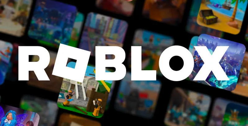 Ilustrasi anak bermain Roblox di perangkat mobile dengan simbol peringatan keamanan