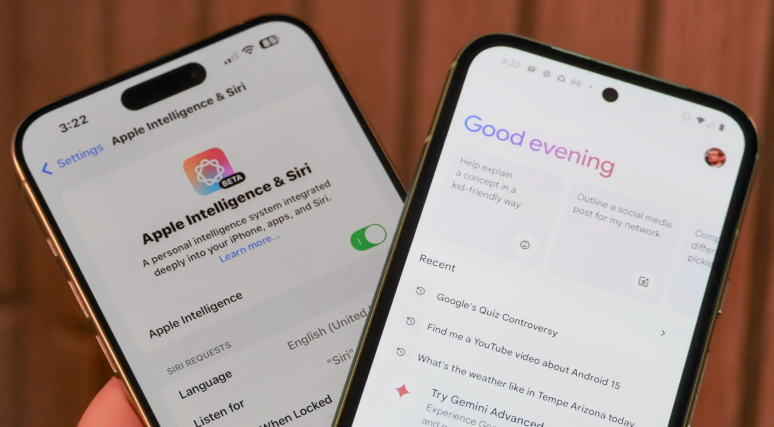 The Apple Intelligence & Siri menu beside a Pixel running Gemini.