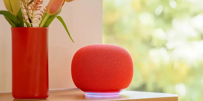 Speaker smart home Google terbaru di atas meja dengan bunga
