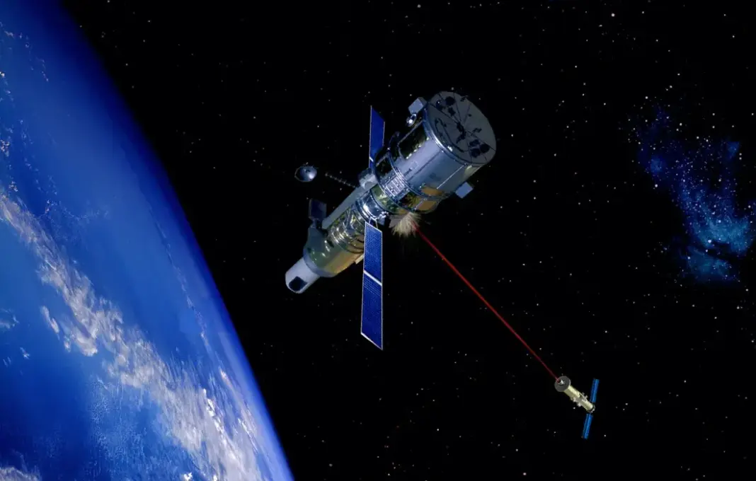 Ilustrasi satelit geostasioner di orbit Bumi yang menampilkan transmisi data tidak terenkripsi termasuk komunikasi telepon dan militer