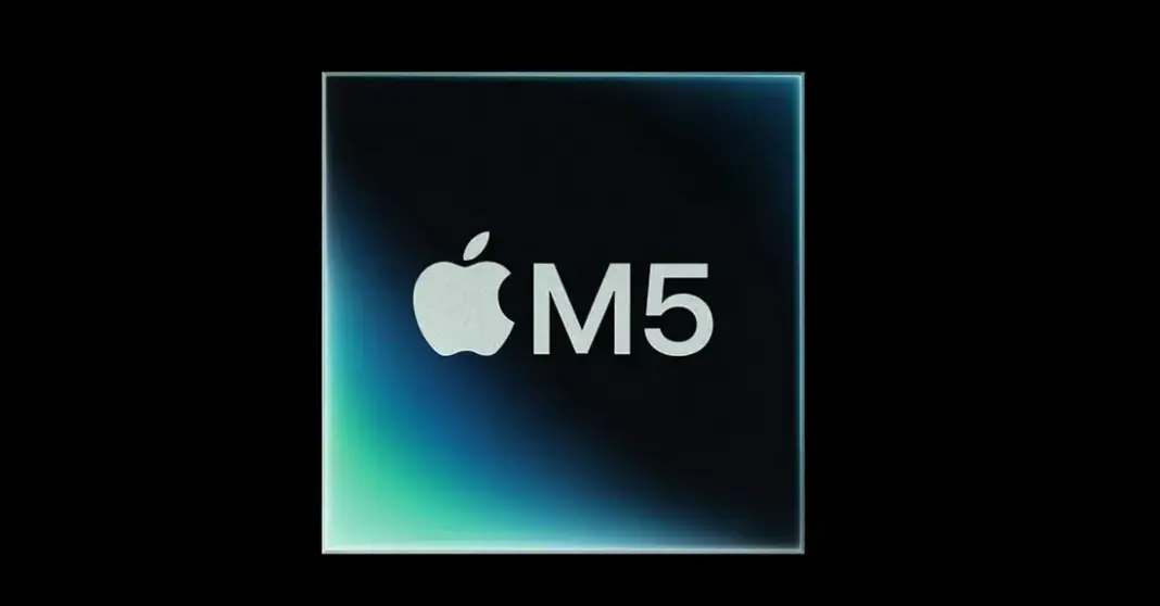 Ilustrasi chip Apple M5 dengan detail sirkuit dan komponen prosesor modern