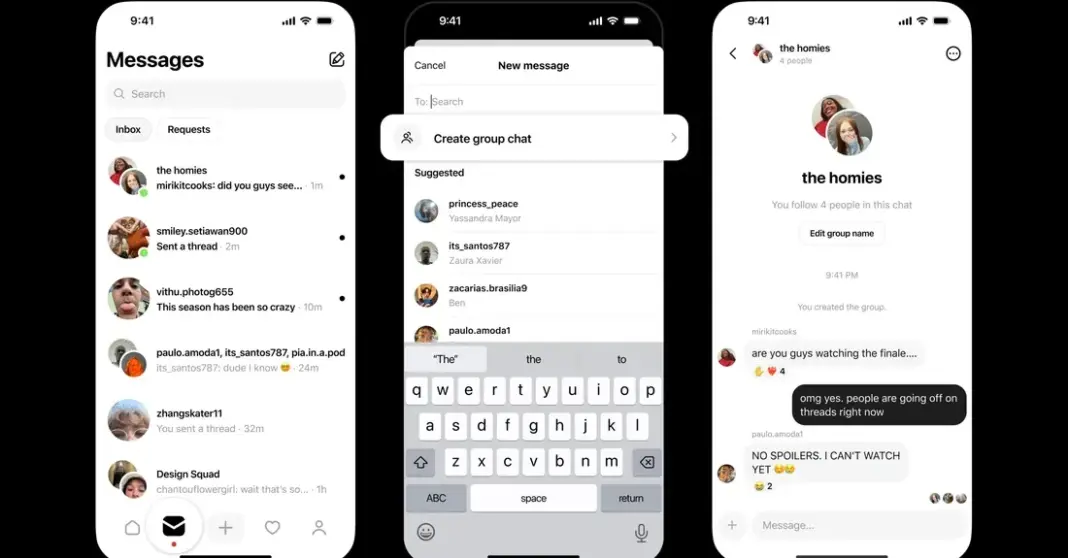 Antarmuka grup chat Threads yang baru diluncurkan dengan kapasitas hingga 50 peserta