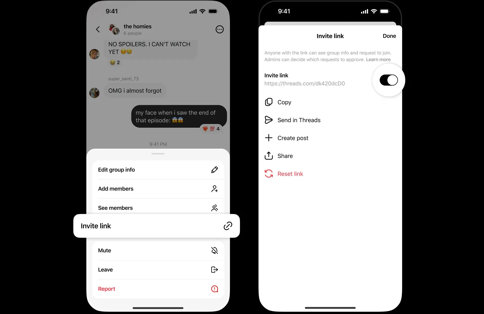 Image of the upcoming capability to invite to a group chat via a link