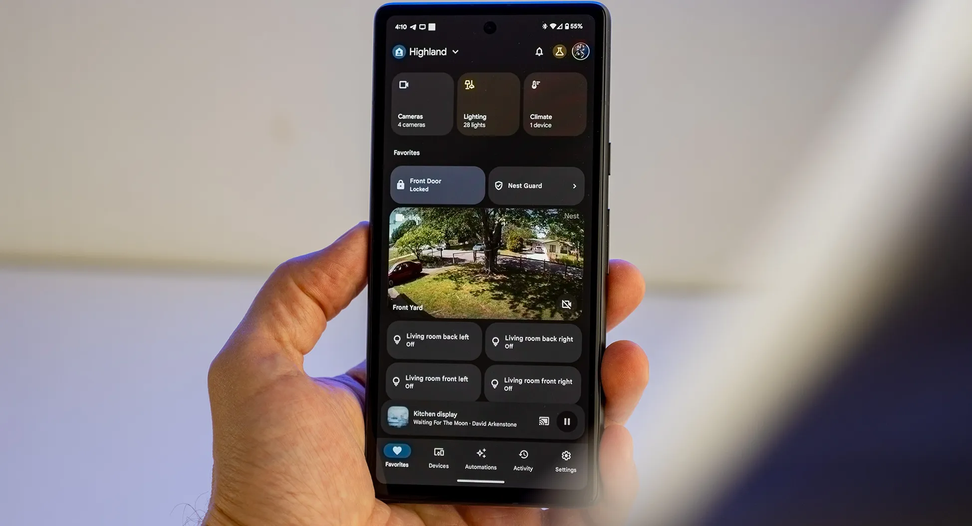 The new Google Home app 2023 redesign in dark mode on a Google Pixel 7a