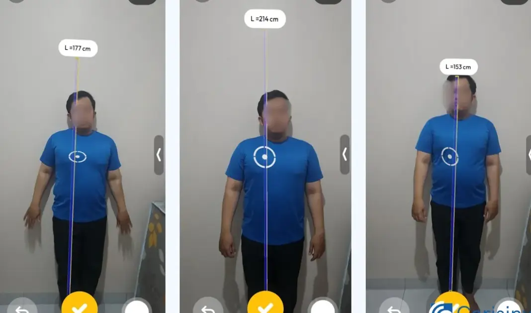 Tampilan antarmuka AR Ruler App dengan teknologi augmented reality untuk mengukur tinggi badan dan objek lainnya