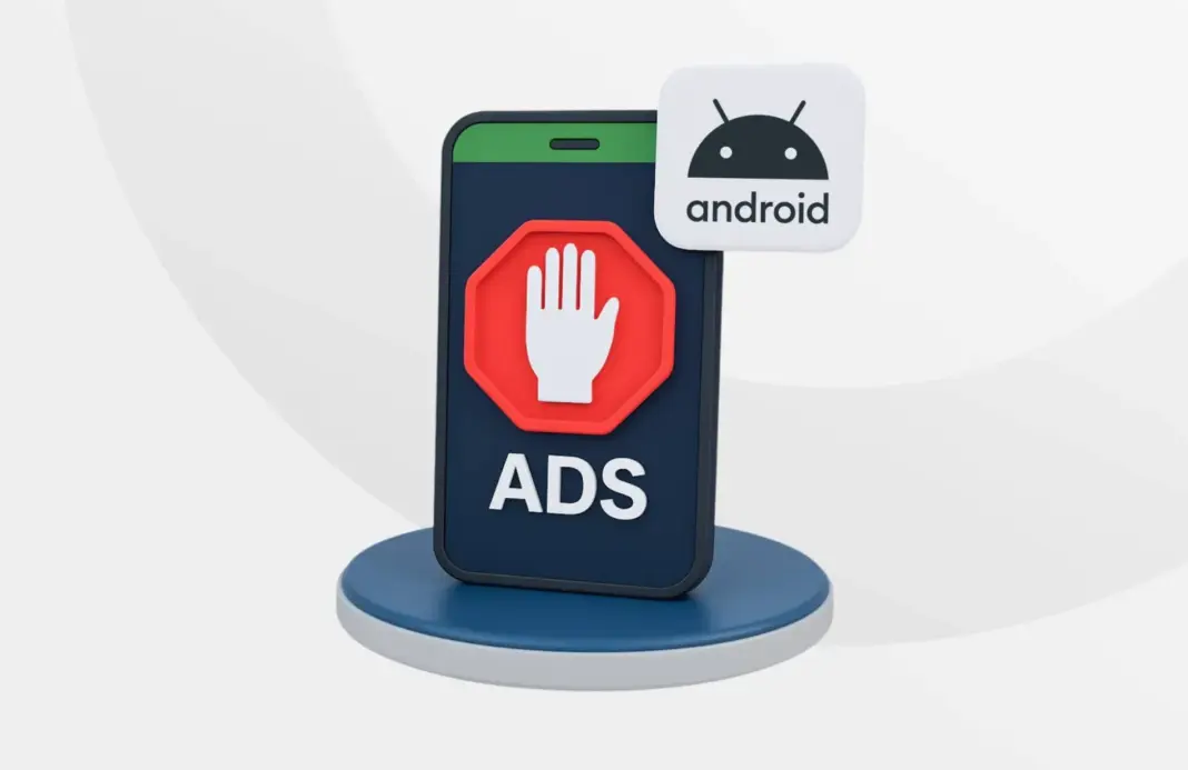 Ilustrasi iklan mobile yang muncul di layar smartphone Android dengan simbol pemblokiran