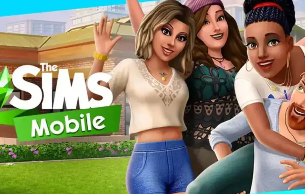 Ilustrasi game The Sims Mobile di smartphone, menampilkan karakter Sim sedang beraktivitas dalam game simulasi kehidupan.