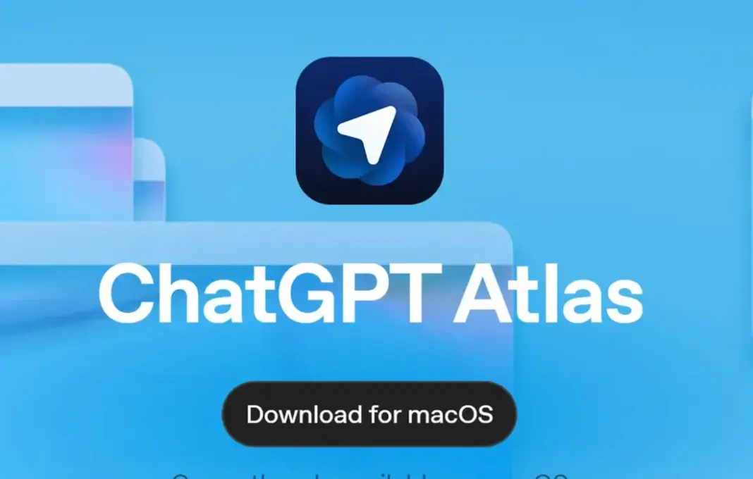 Ilustrasi browser ChatGPT Atlas dengan tampilan antarmuka biru tua dan ikon panah putih