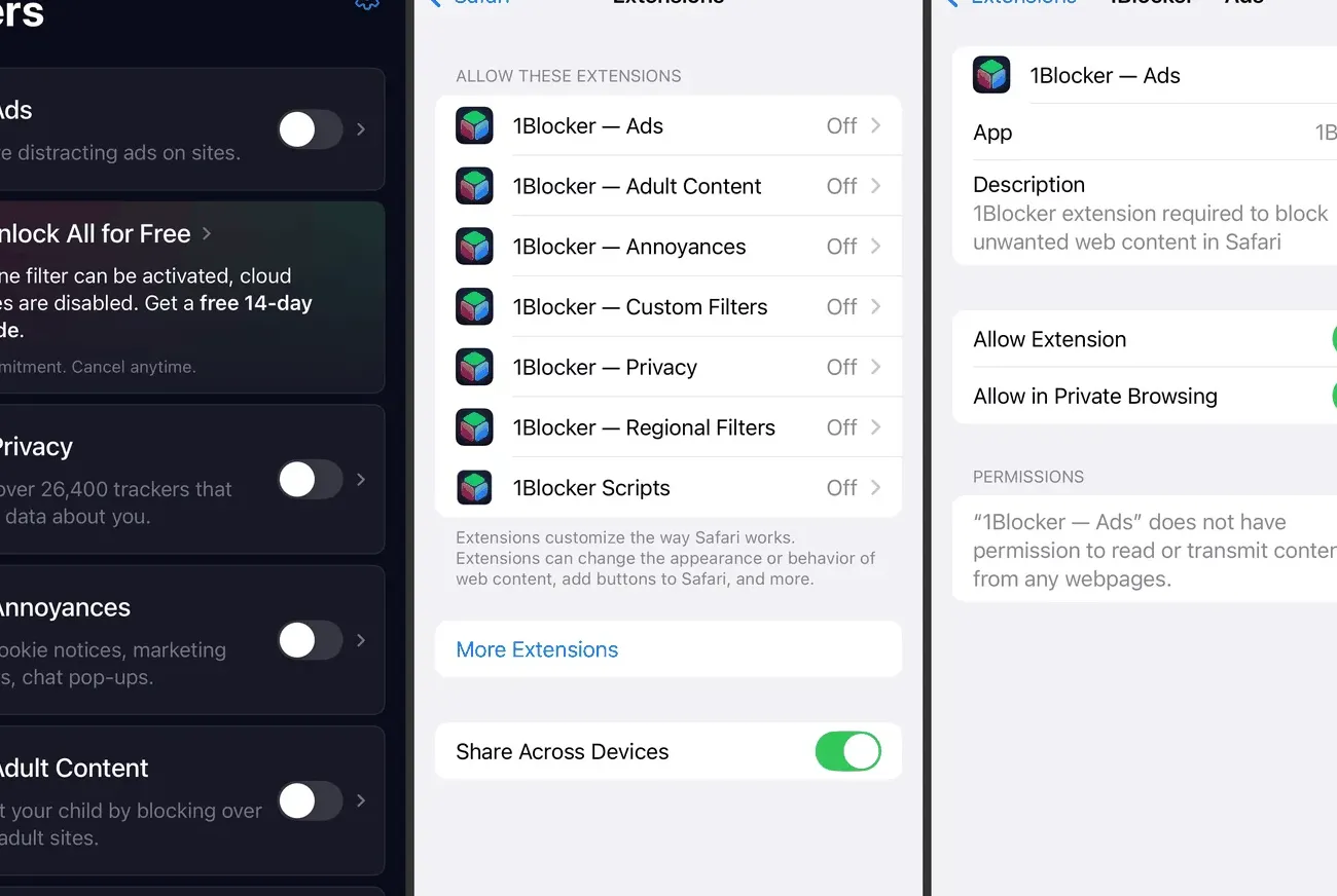 iBlocker filters and iPhone Safari extensions options