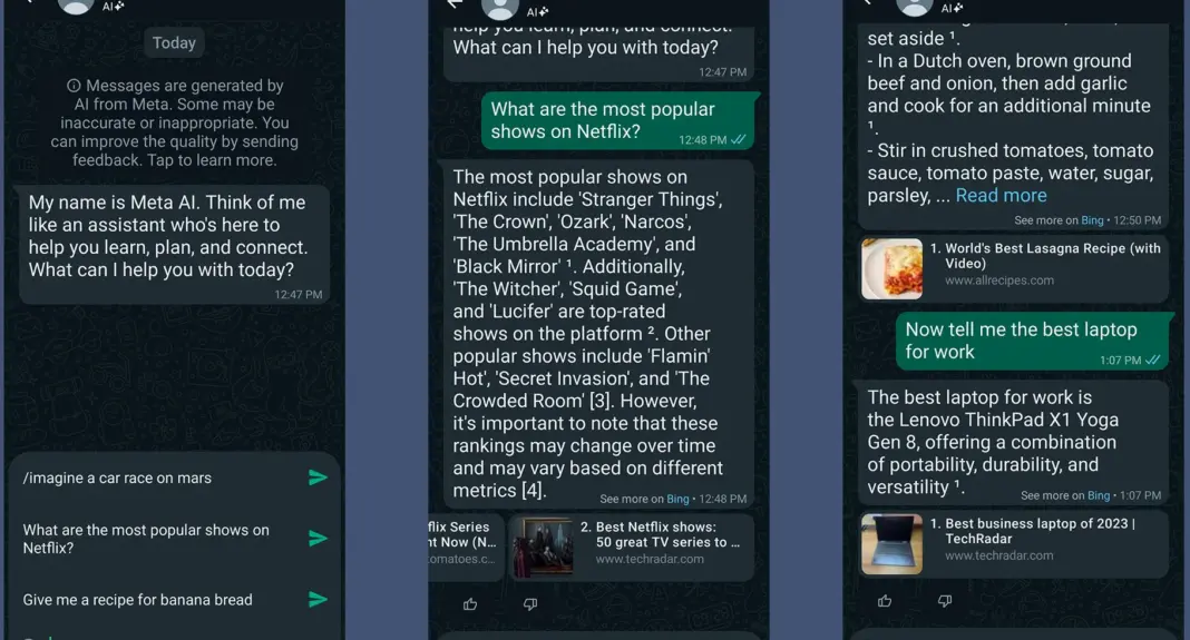 WhatsApp AI Assistant memberikan rekomendasi dan bantuan kepada pengguna di aplikasi messenger
