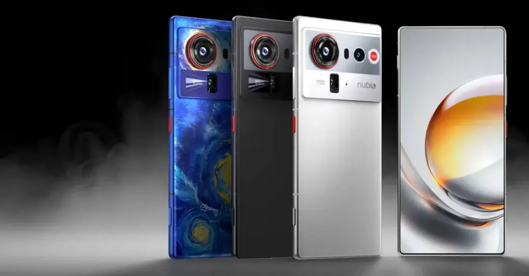 Beberapa ponsel Nubia Z80 Ultra dalam berbagai warna ditampilkan di atas permukaan gelap dengan pencahayaan dramatis