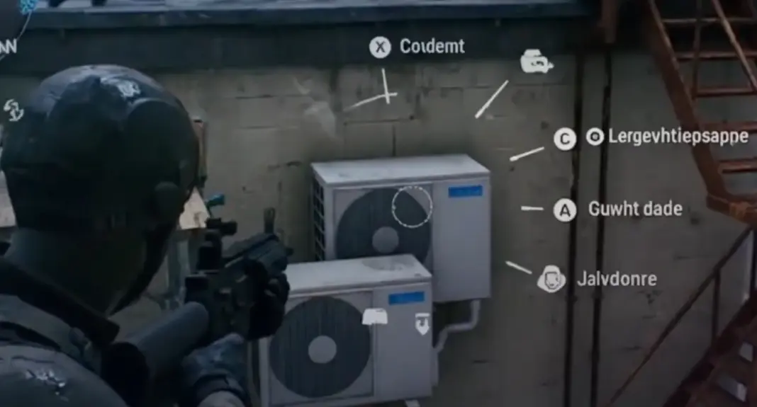 Tentara mempertimbangkan opsi menu radial AI-generated sambil membidik AC kembar di atap gedung