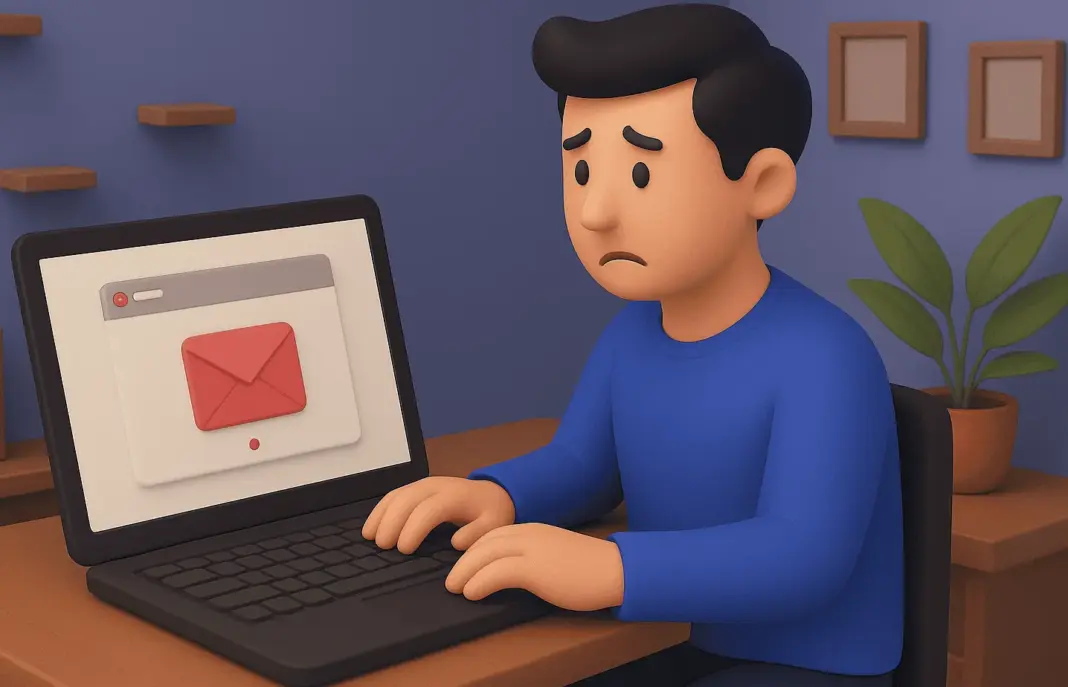 Ilustrasi masalah email tidak bisa masuk di layar laptop dengan ikon email dan tanda tanya