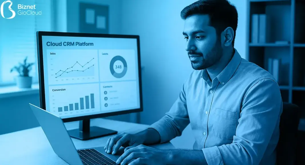 Ilustrasi dashboard Cloud CRM Platform dengan grafik analitik dan diagram pipeline penjualan untuk manajemen bisnis