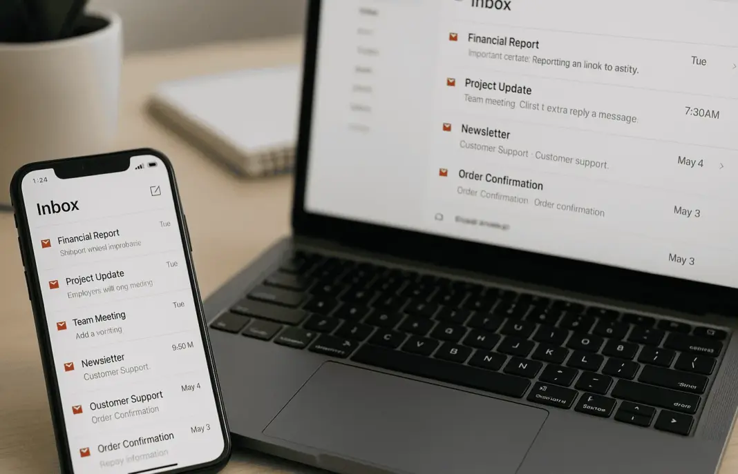 Ilustrasi masalah sinkronisasi email antara laptop dan smartphone yang tidak konsisten