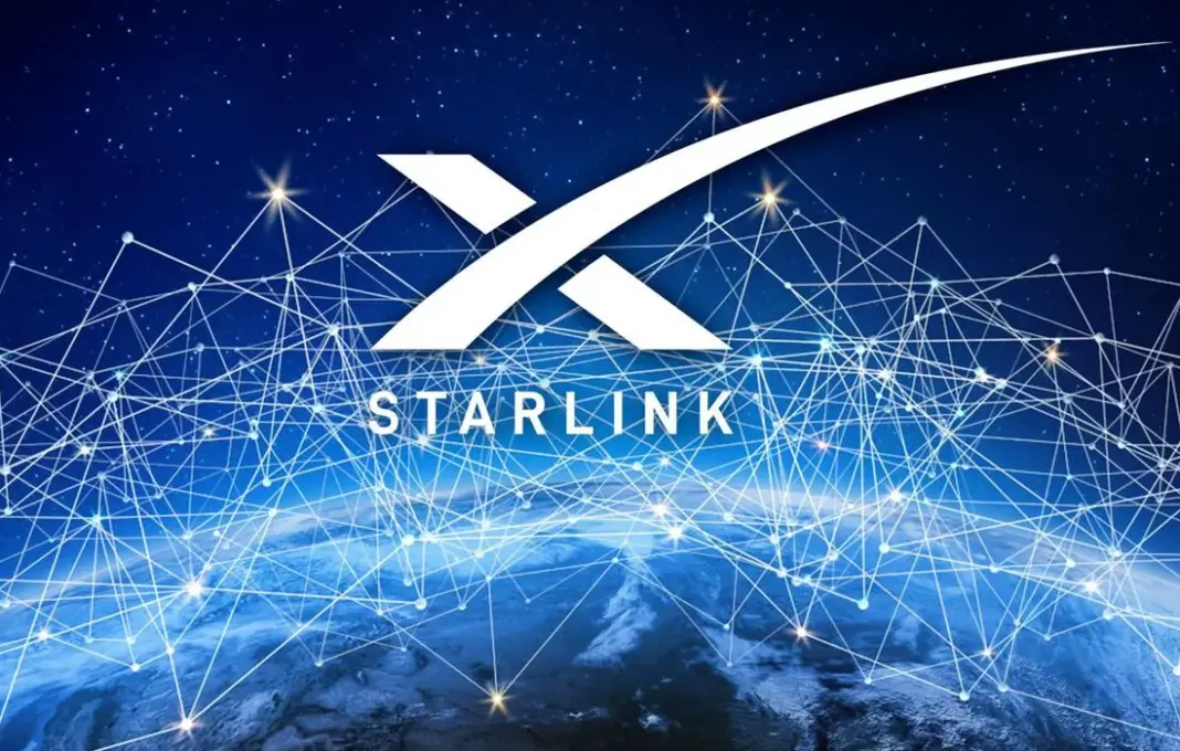 Ilustrasi satelit Starlink mengorbit Bumi dengan latar belakang angkasa yang gelap