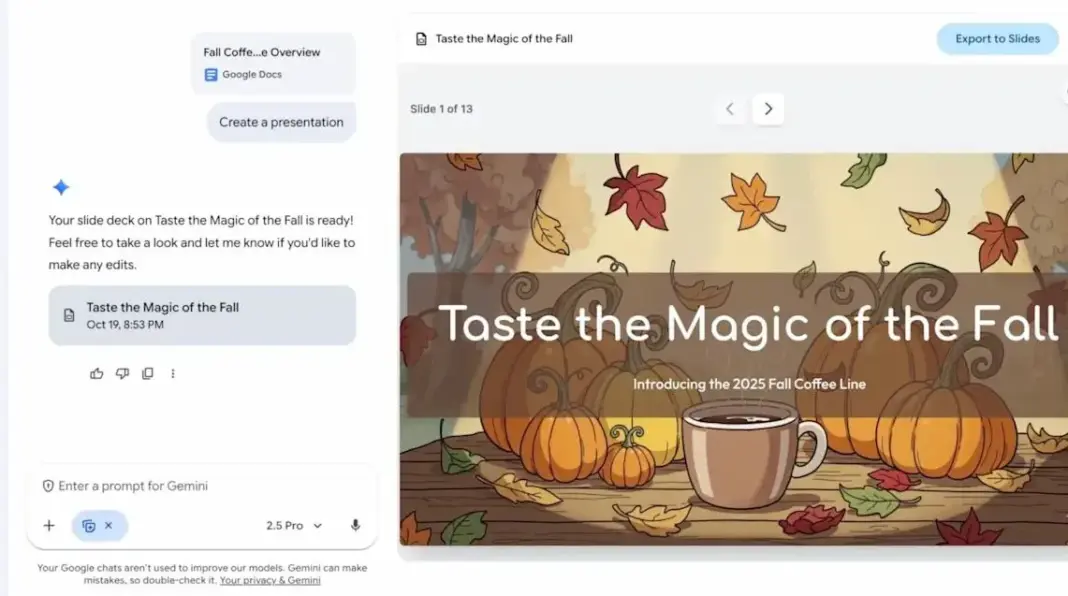 Antarmuka Google Gemini Canvas dengan fitur pembuatan presentasi otomatis yang menampilkan workspace interaktif