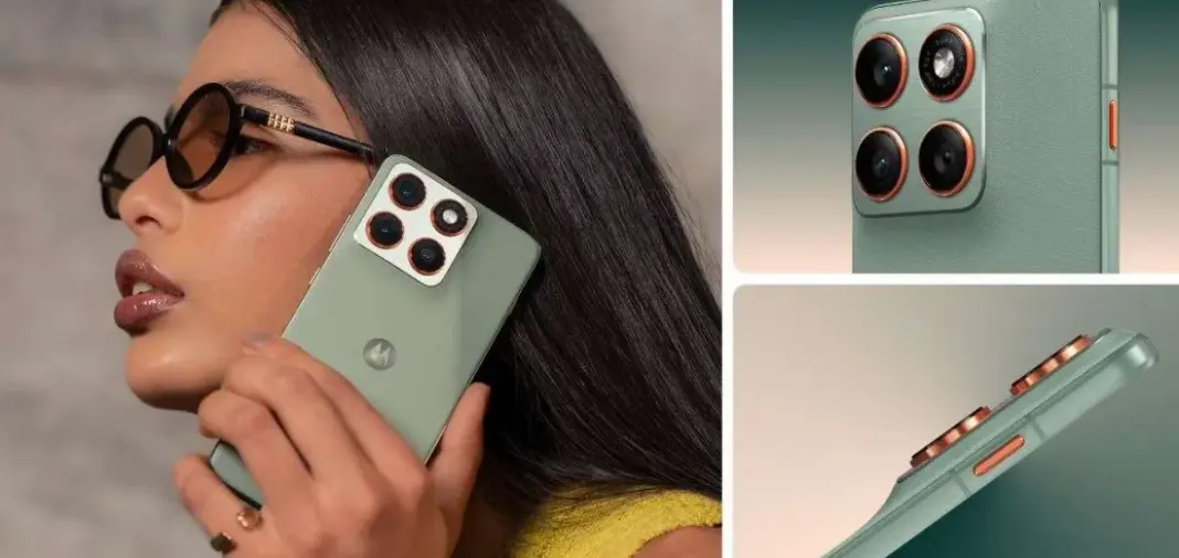 Motorola Edge 70 dalam tiga warna Pantone - Gadget Grey, Lilly Pad, dan Bronze Green - terpampang di situs resmi